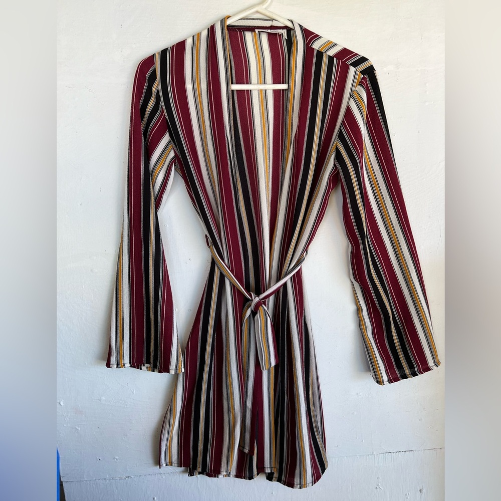 MUST HAVE Striped Wrap Kimono/Cover Up with Belt Tie Red Yellow Black White S